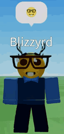 a cartoon character wearing glasses and a bow tie has the name blizzyrd on the bottom