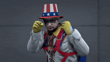 a man in an uncle sam costume with a mask on his face