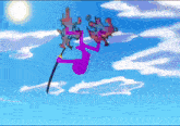 a purple stick figure is flying through the air with a sword