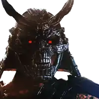 a picture of a samurai with horns and the word finish on the bottom