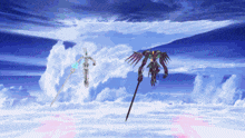 a sword and a robot are flying through the sky