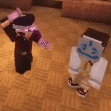 two minecraft characters standing next to each other on a wooden floor .