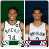 two basketball players from the bucks and new orleans are standing next to each other