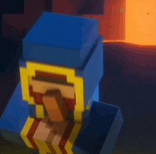 a blue and yellow minecraft character with a red and yellow striped shirt