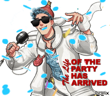 a cartoon of a man singing into a microphone with the words of the party has arrived behind him