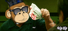 a monkey with a crown on his head is holding a pile of money and saying ha