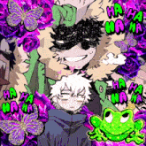 a frog is surrounded by purple flowers and the words ha ha ha ha ha