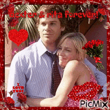 a picture of a man and a woman hugging with the words dexter & rita forever