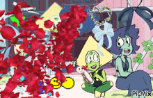 two cartoon characters are sitting in front of a store called space travel