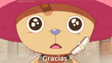 a close up of a cartoon character with the word gracias on the bottom right