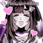 a girl is surrounded by pink hearts and says i love you muah