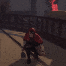 a woman in a red hooded cape is standing on a hallway