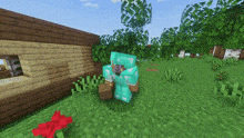 a minecraft character is standing in the grass in front of a wooden house .