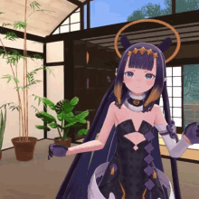 a cartoon character with a halo around her head is standing in a room with potted plants