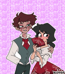 a cartoon of a man and a woman holding a fan with a purple background