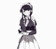 a black and white drawing of a girl in a maid costume standing on a white background .