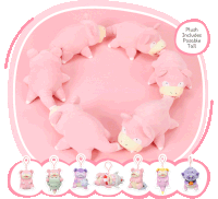 a circle of pink stuffed animals with the words plush includes posable tail on the bottom