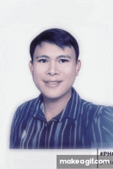 a man in a blue striped shirt is smiling for a photo