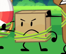 a cartoon character with a box wrapped around it 's arms and legs