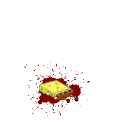 a spongebob squarepants character is surrounded by blood splashes on a white background .