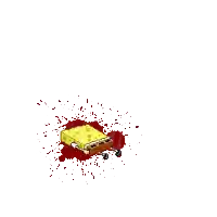 a spongebob squarepants character is surrounded by blood splashes on a white background .