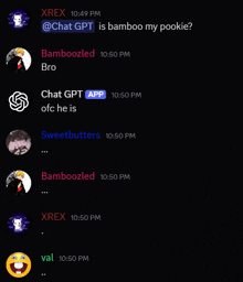 a screenshot of a chat between xrex and bamboozled