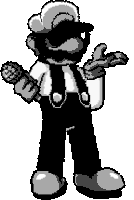 a black and white pixel art of mario holding a microphone and wearing suspenders .