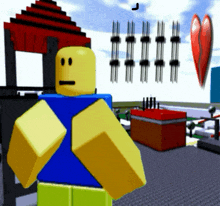 a roblox character with a broken heart and a j in the sky