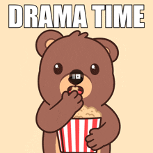 a cartoon of a bear eating popcorn with the words " drama time " above it