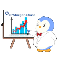 a penguin is standing next to a jpmorgan chase board