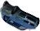 a close up of a blue shoe with a white background .