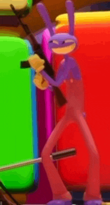 a cartoon rabbit is holding a gun in his hand