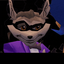 a close up of a raccoon wearing a purple suit and bow tie