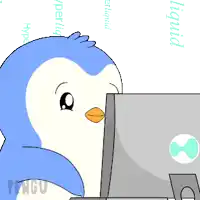 a cartoon of a penguin looking at a computer screen with hyper liquid written on the bottom