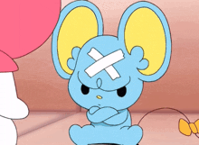 a blue cartoon mouse with a bandage on its head