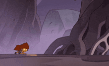 a cartoon character with glowing eyes is running through a dark cave .