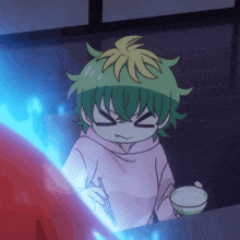 a person with green hair is holding a bowl of food