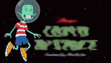 a cartoon character with a helmet on is flying in space