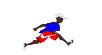 a man in a blue shirt and red shorts is running with a nike logo on his shorts