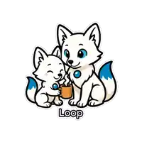 a cartoon of a mother fox and her baby fox holding a cup of coffee