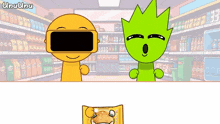 a cartoon character holding a bag of potato chips in a store with the word chuchu on the bottom right