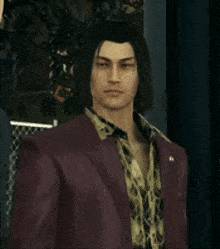a man with long hair is wearing a purple suit and a leopard print shirt