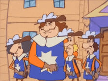a group of cartoon characters standing in front of a building with one wearing a blue vest with a star on it