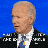 a man in a suit and tie says y 'alls faces as i try and explain farkle .