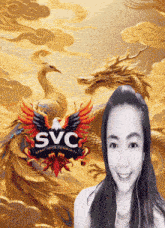 a woman is standing in front of a logo that says svc on it