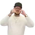 a man wearing a black hat and glasses holds a piece of paper that says supreme in his hands