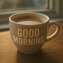 a cup of coffee with the words good morning written on it