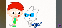 a cartoon of a boy standing next to a white rabbit with blue eyes and the words flipa clip