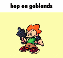 a cartoon of a boy and a girl holding a gun with the words hop on goblands below them