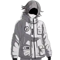 a black and white drawing of a person wearing a jacket that says hbdd